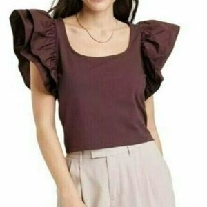 BROWN waist length Top short double ruffle flutter sleeves square neckline XL